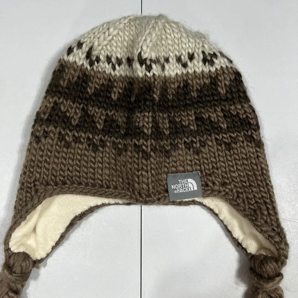 North Face Gorpcore Brown Wool Fair Isle Knit Trapper Beanie Hat Fleece Unisex